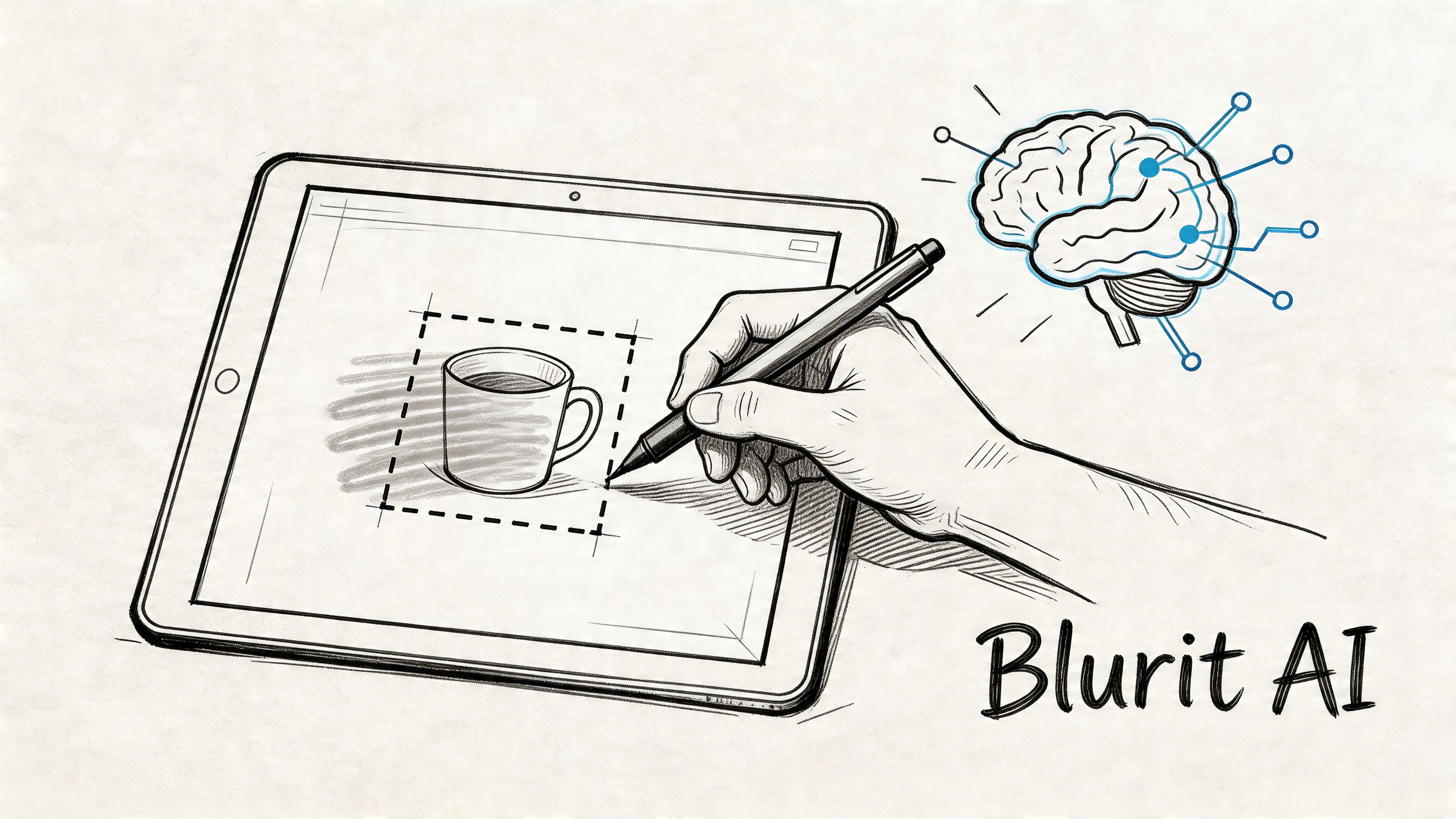 Une main dessine une tasse sur une tablette graphique avec une icône de cerveau IA et une superposition de texte.