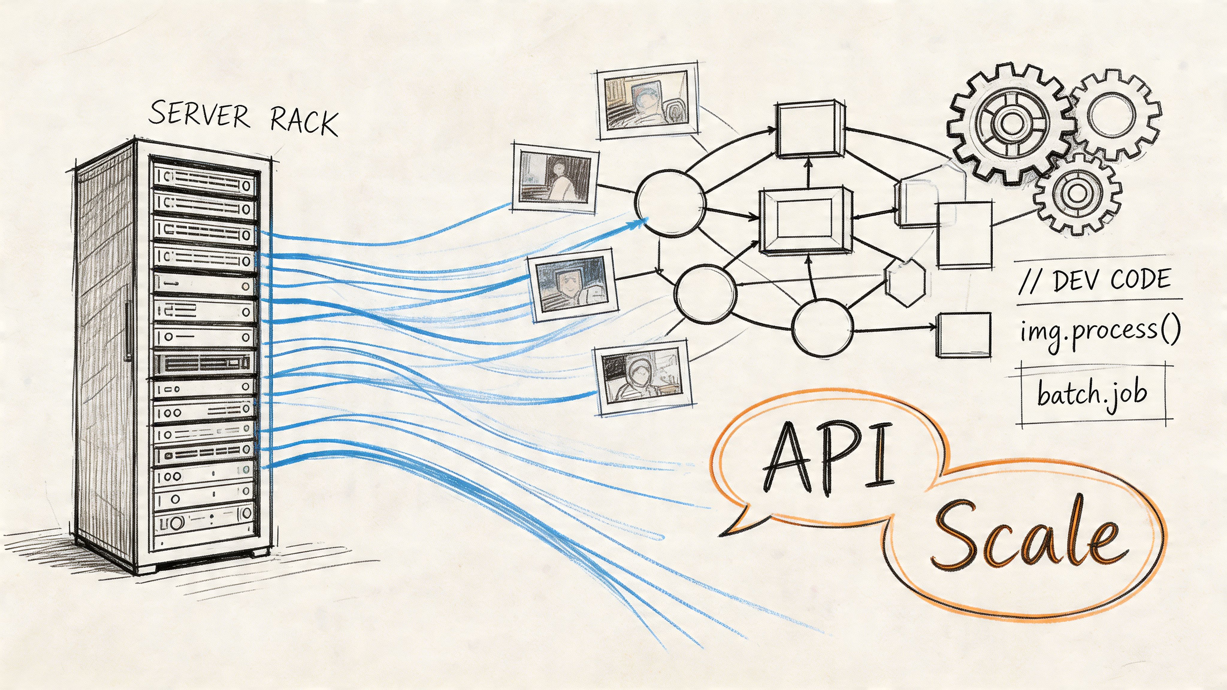 Illustration dessinée à la main : une baie de serveurs traite des lots d'images via une API pour passer à l'échelle.