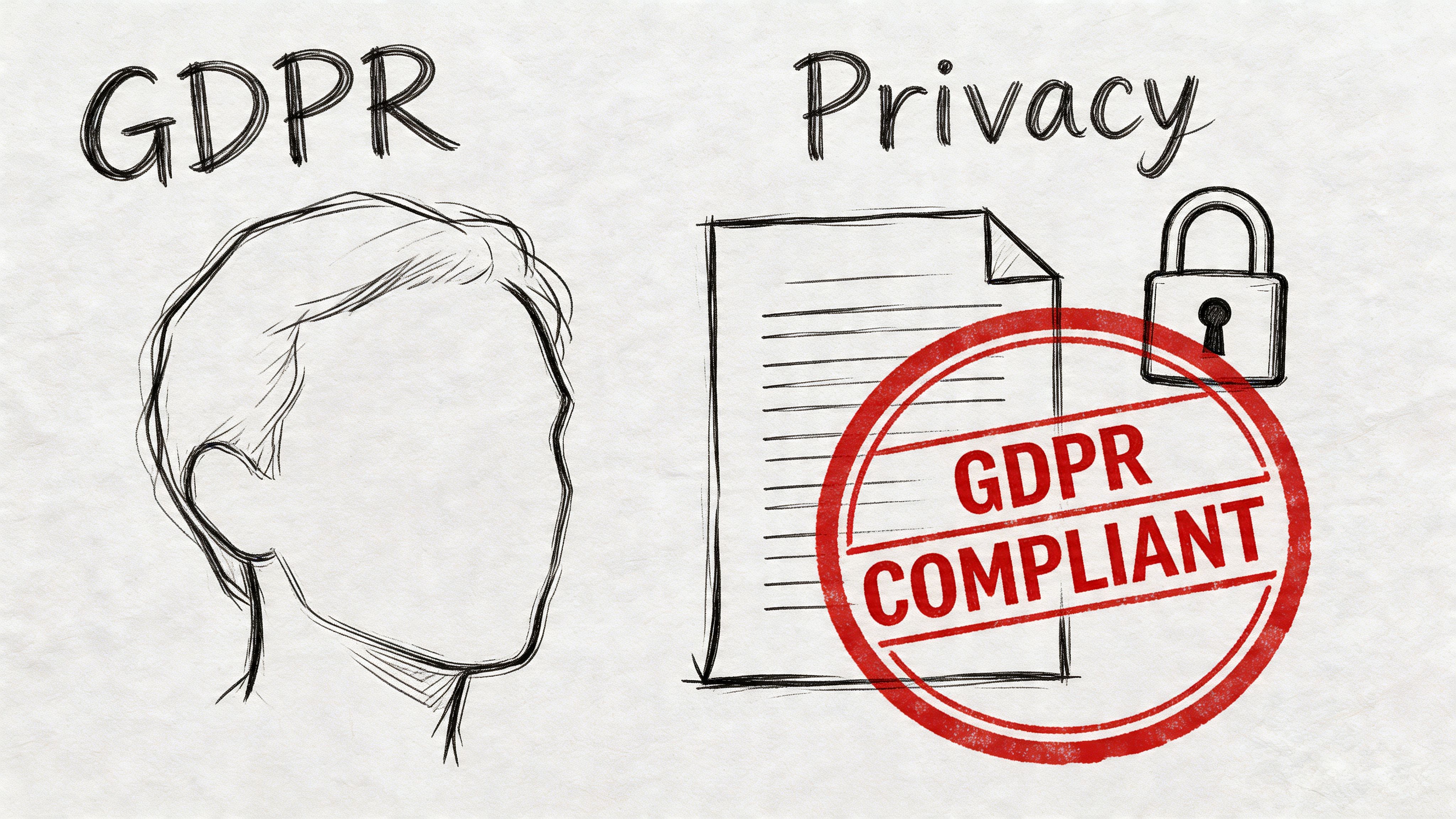 Illustration au crayon : silhouette humaine, document avec cadenas et tampon « GDPR compliant ».