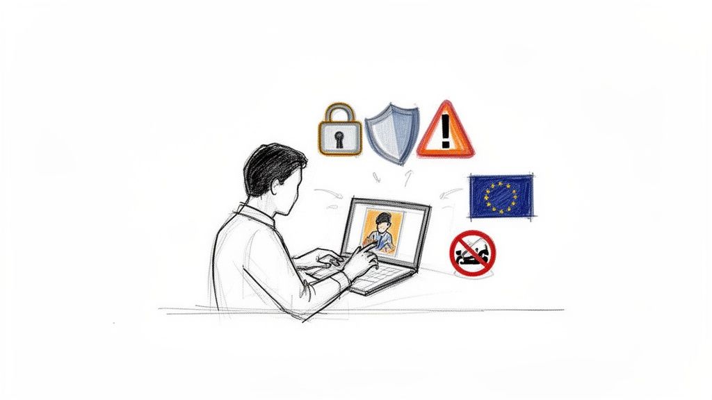 A person uses a laptop displaying a censored image, surrounded by icons for security, warning, the EU, and censorship.