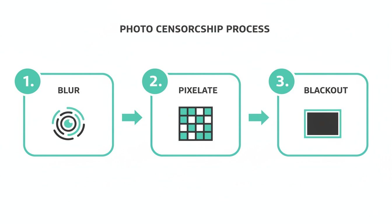Diagram illustrating three photo censorship methods: blur, pixelate, and blackout, each with a descriptive icon.