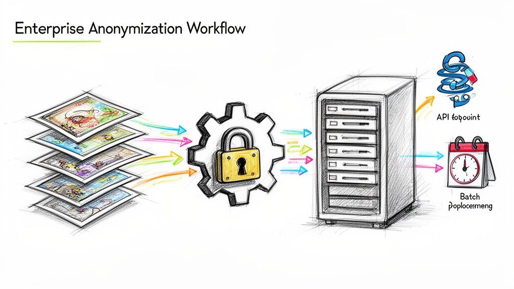 Diagram illustrating an enterprise anonymization workflow: data input, processing, storage, and output options.