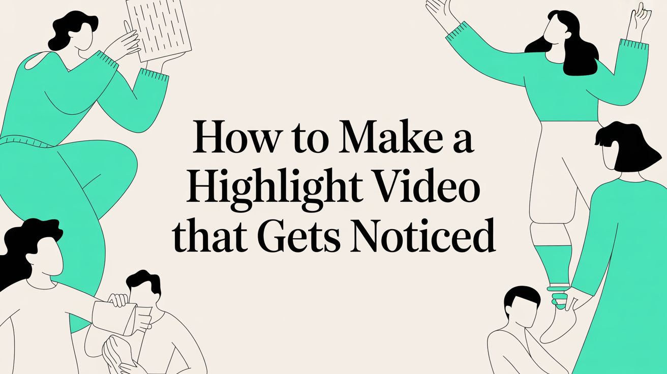 Illustration titrée « How to Make a Highlight Video that Gets Noticed », avec des personnages stylisés évoquant la collaboration, la planification et la célébration.