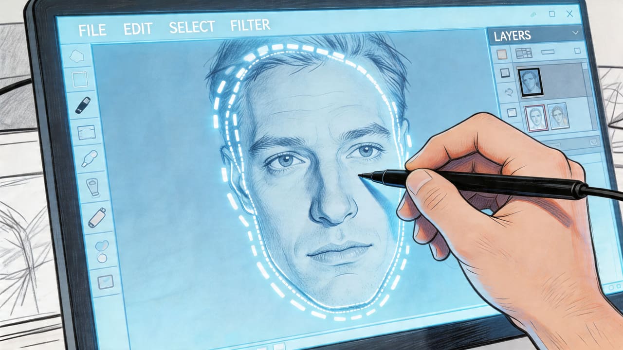 Une main utilisant un stylet sur une tablette pour retoucher un portrait avec des outils de sélection.