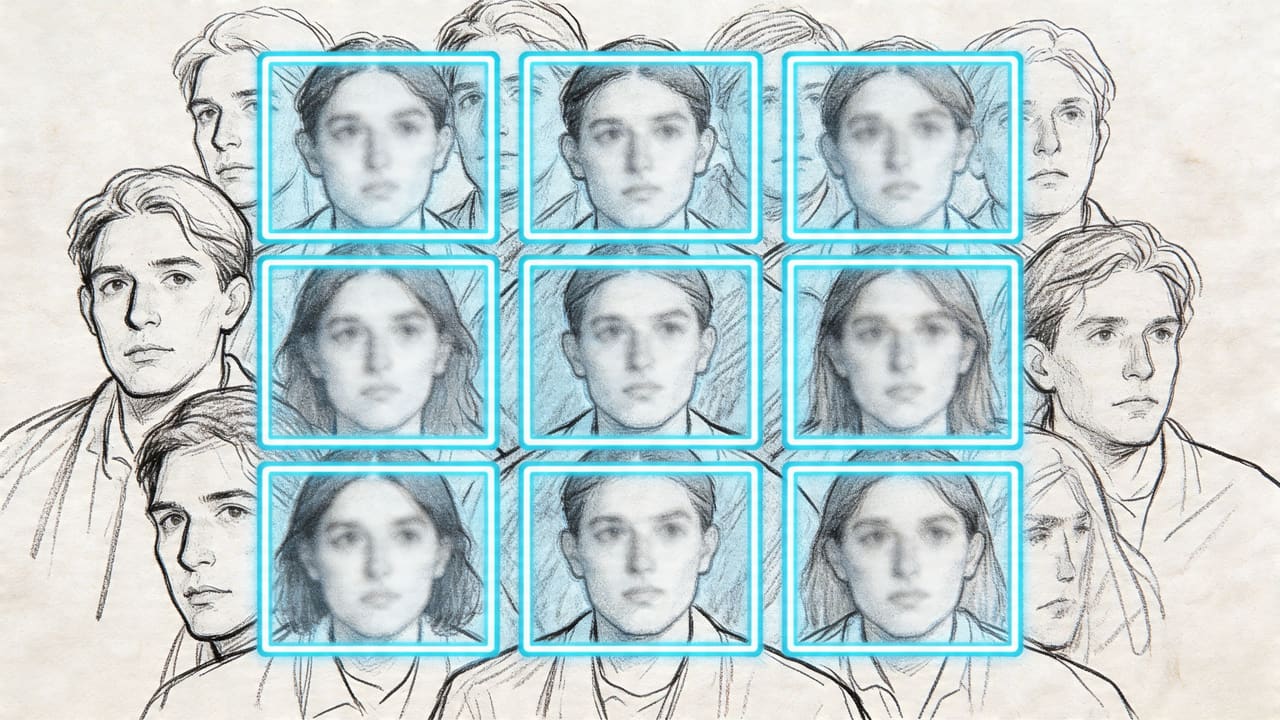 Une grille de neuf portraits avec un cadre de sélection bleu sur chaque visage.