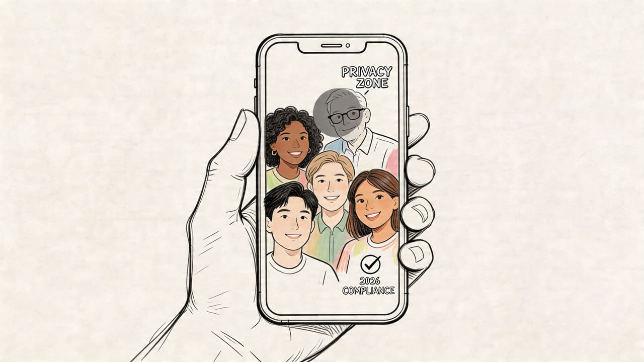 Une main tenant un smartphone affichant cinq personnes dont le visage de l'une d'elles est flouté.
