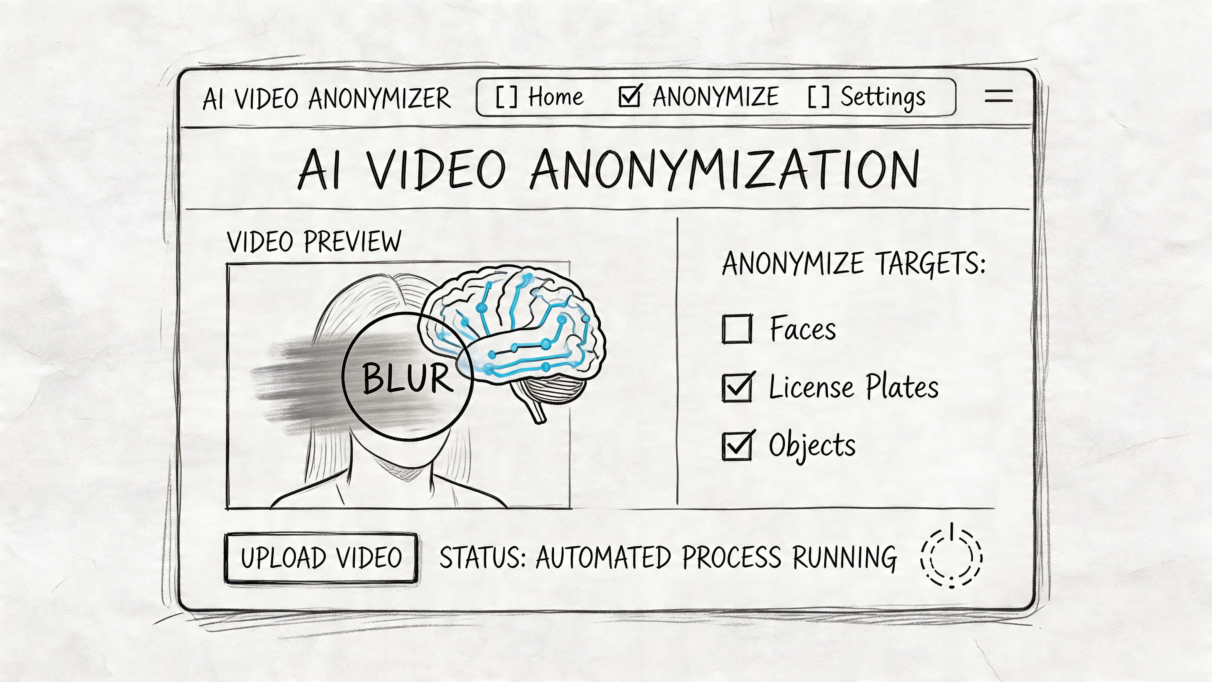 Concept d’interface d’anonymisation vidéo par IA pour flouter visages et objets sensibles.