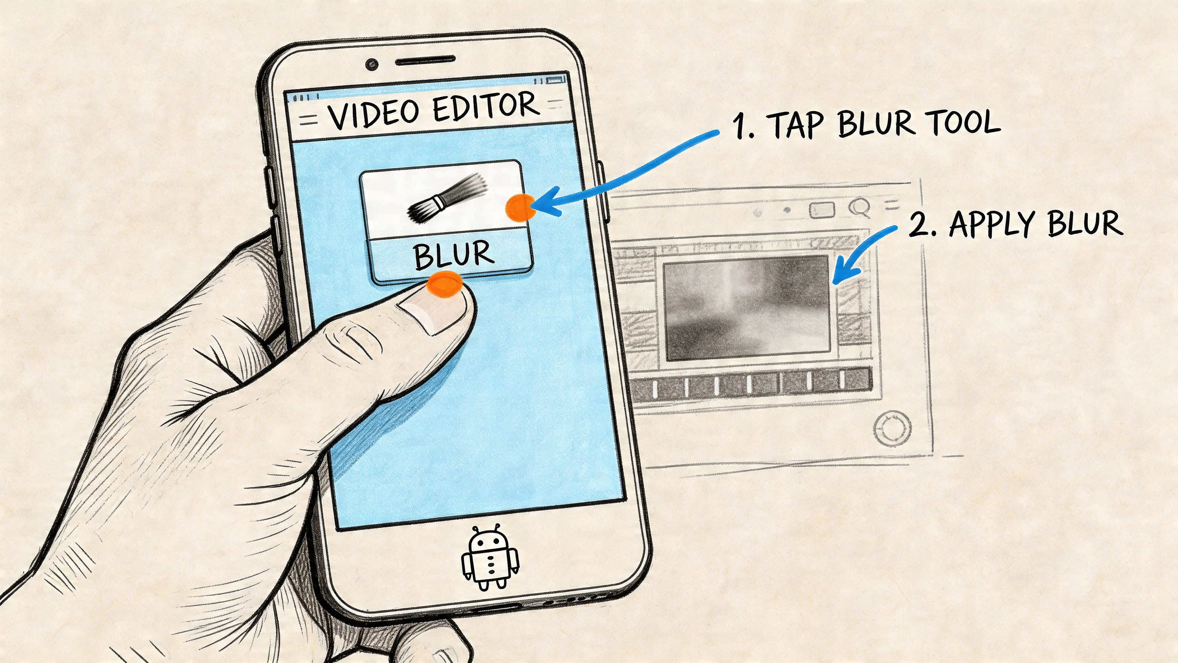 Smartphone avec une appli d’édition vidéo et un flou appliqué sur Android.