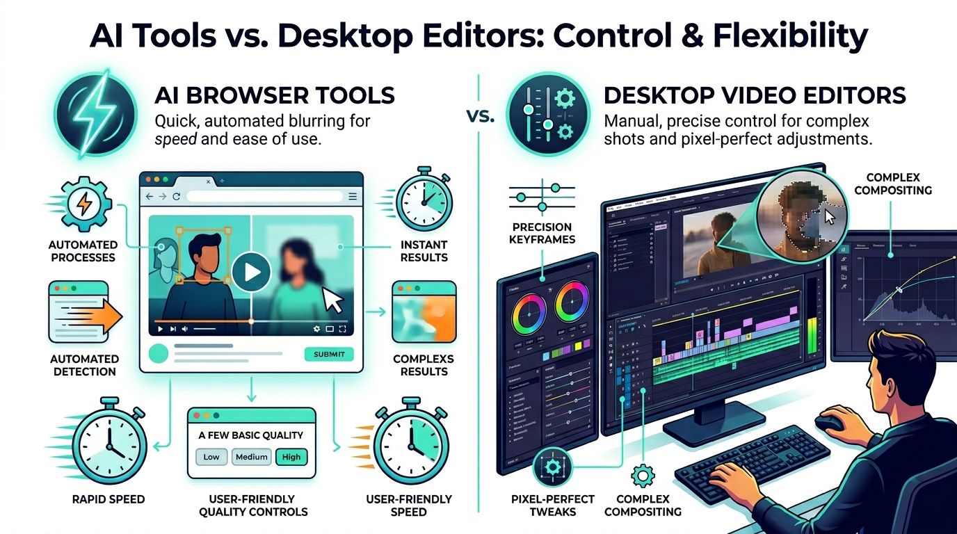 Graphic comparing AI browser tools and desktop video editors