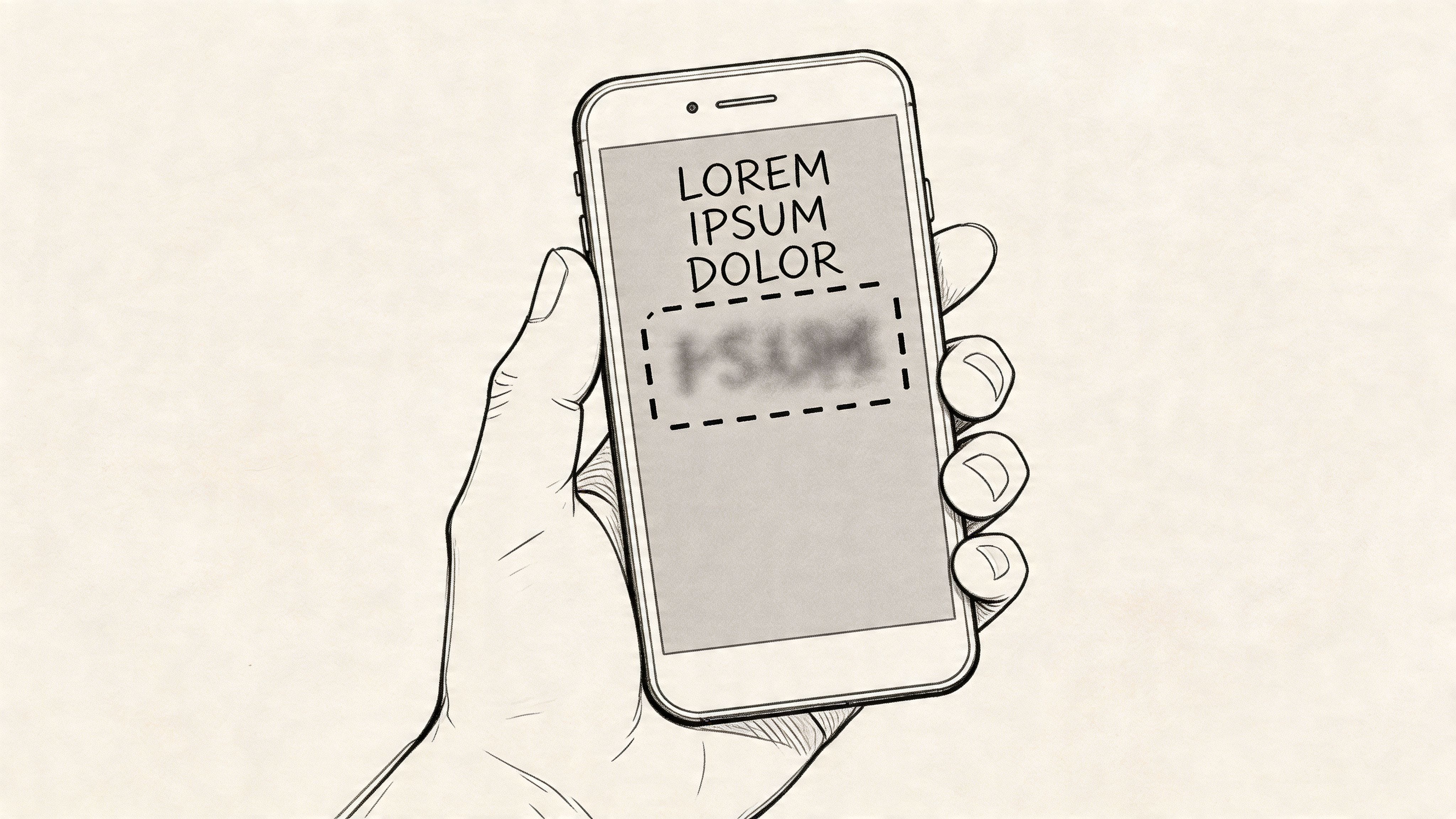 Une main tenant un smartphone affichant du texte sensible flouté à l'intérieur d'un rectangle pointillé à l'écran.