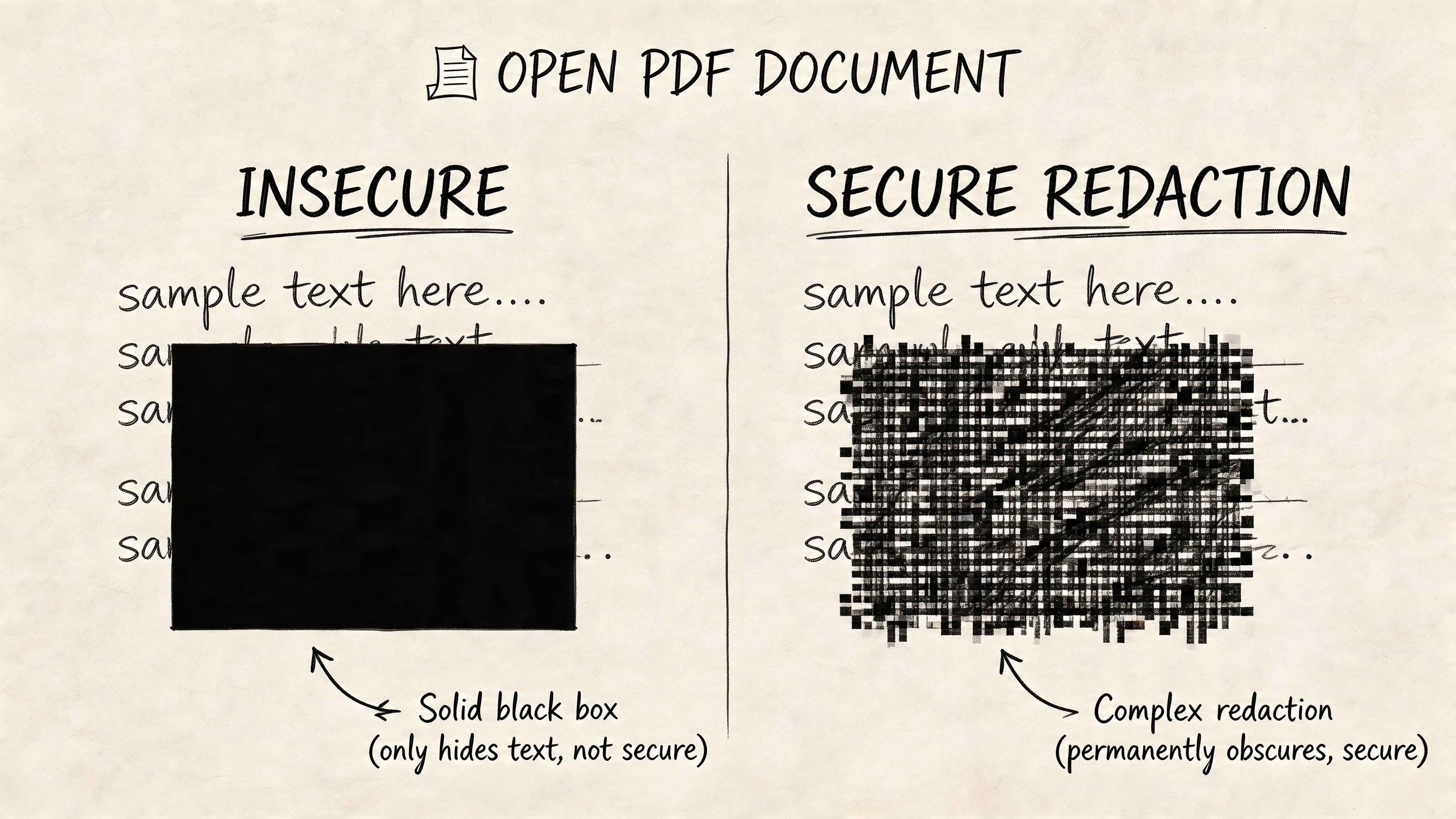 Schéma comparant le caviardage non sécurisé par boîte noire et le caviardage sécurisé pour les documents PDF.