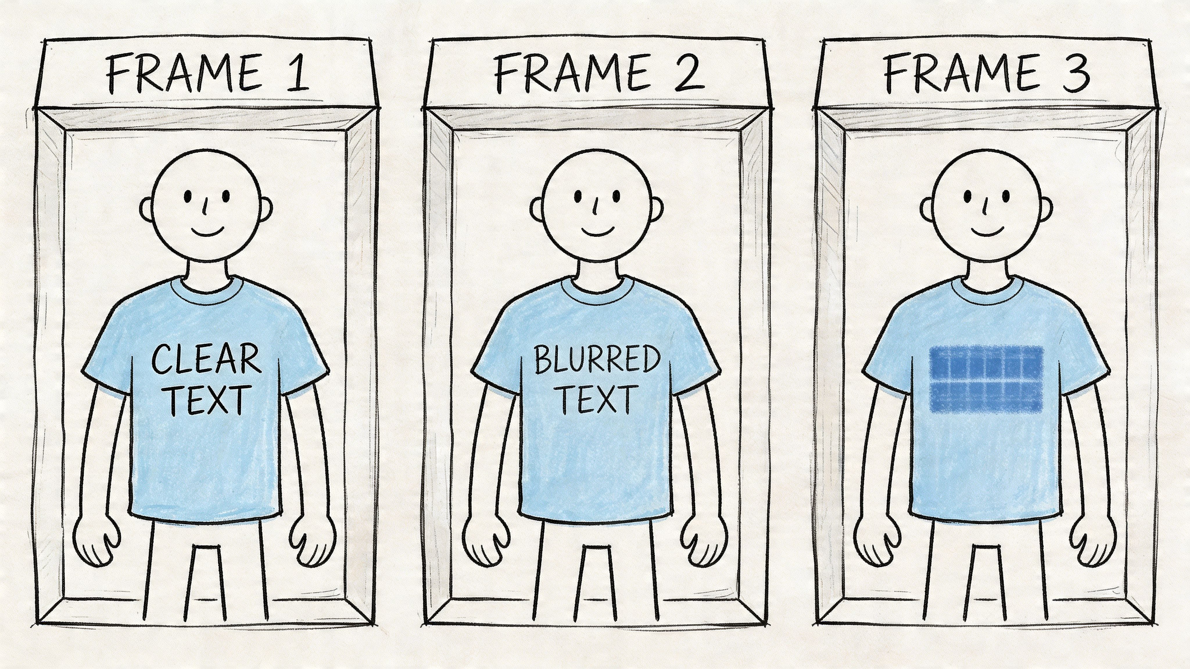 Illustration en trois panneaux montrant une personne portant un t-shirt avec du texte net, du texte flouté, puis un bloc pixellisé.