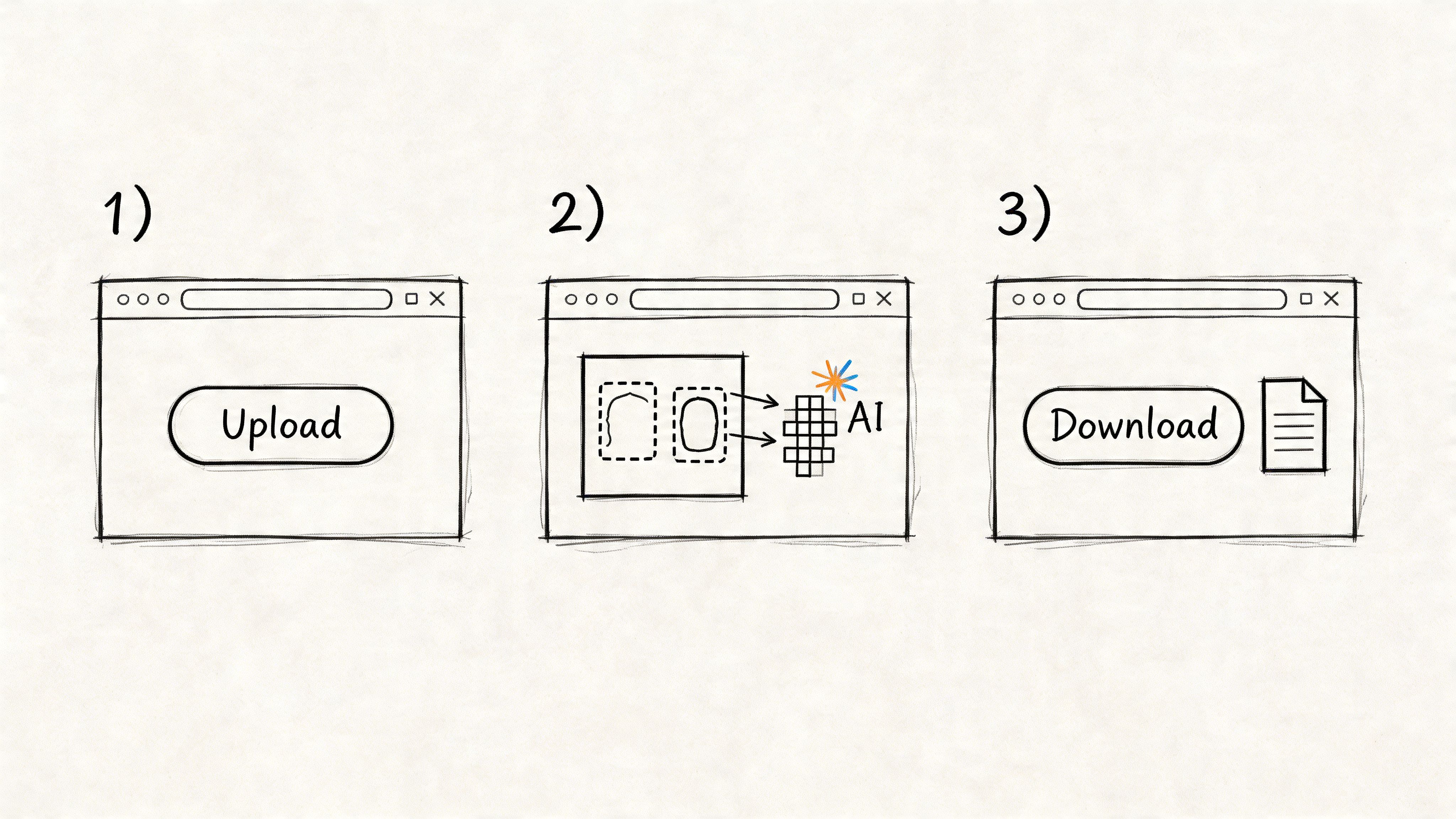 A three-step diagram illustrating the process of uploading an image, using AI to process it, and downloading the result