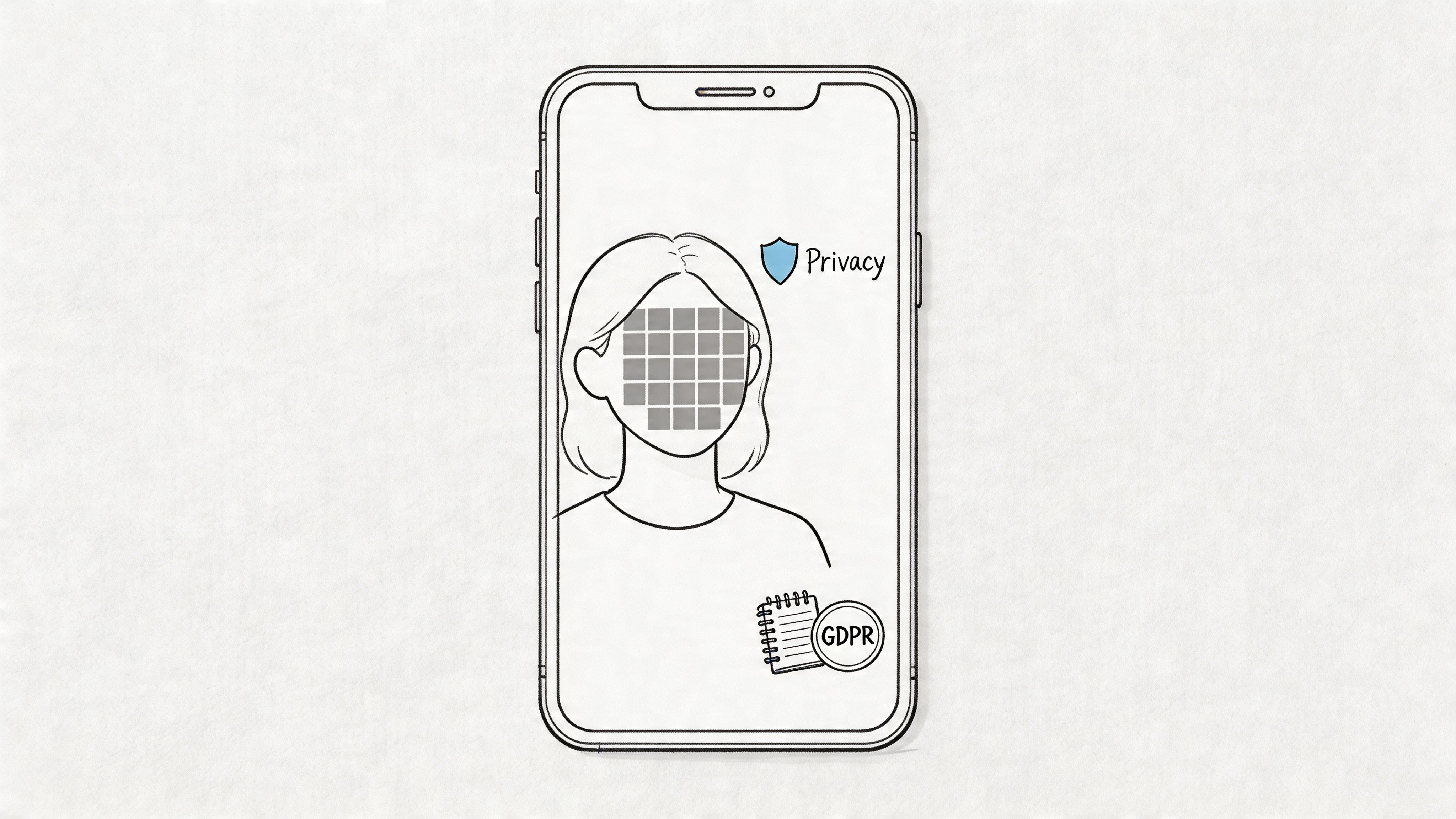 A line art illustration of a smartphone screen showing a person with their face pixelated for privacy