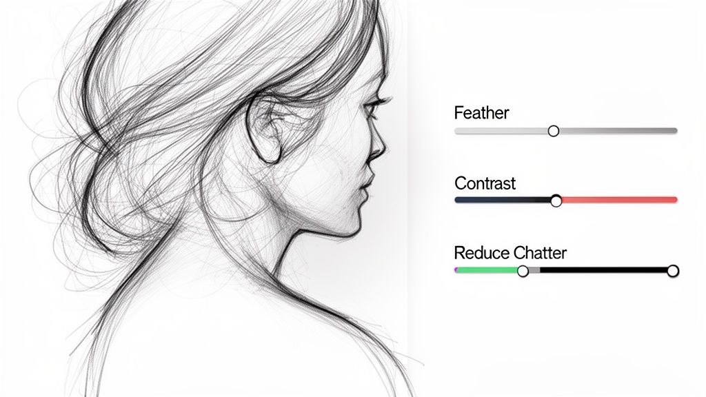 Illustration type croquis d’un profil avec les contrôles Refine Matte : Plume, Contraste, Réduction du tremblement.