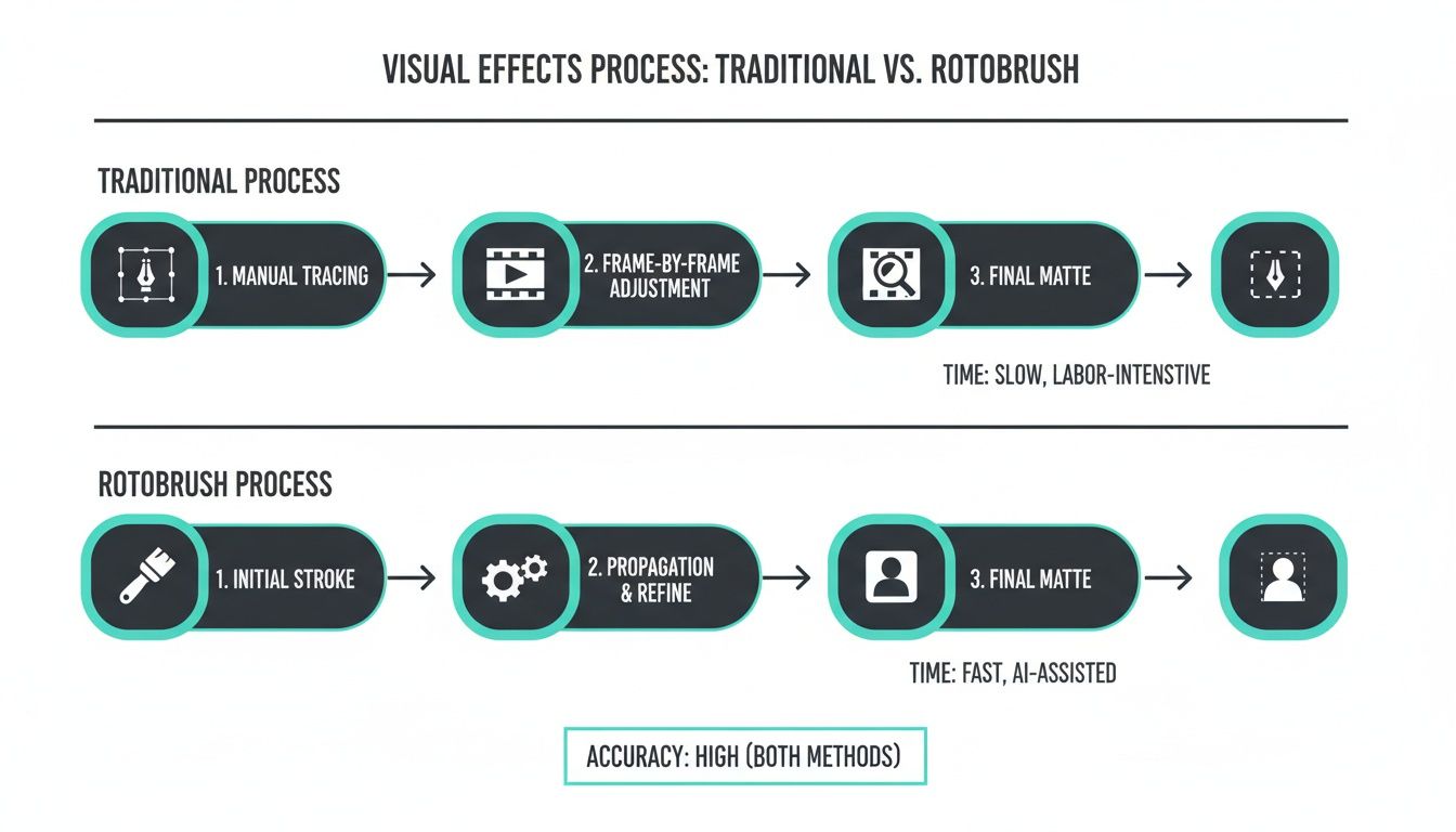 Schéma comparant les workflows VFX du rotoscopage traditionnel et du Roto Brush.