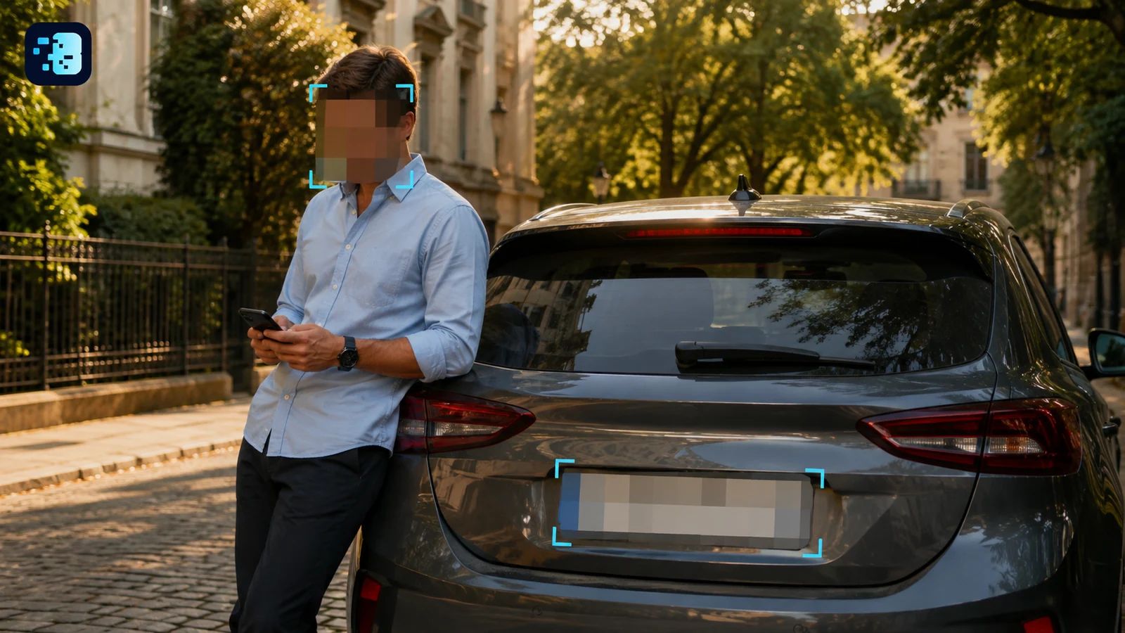 Conducteur au visage pixellisé et plaque d’immatriculation masquée