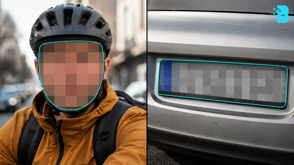 Gros plan sur le visage pixellisé d’un cycliste et une plaque masquée