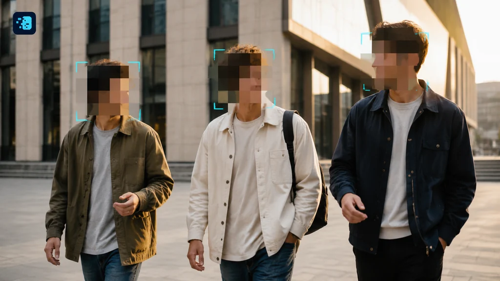 Trois passants aux visages pixellisés