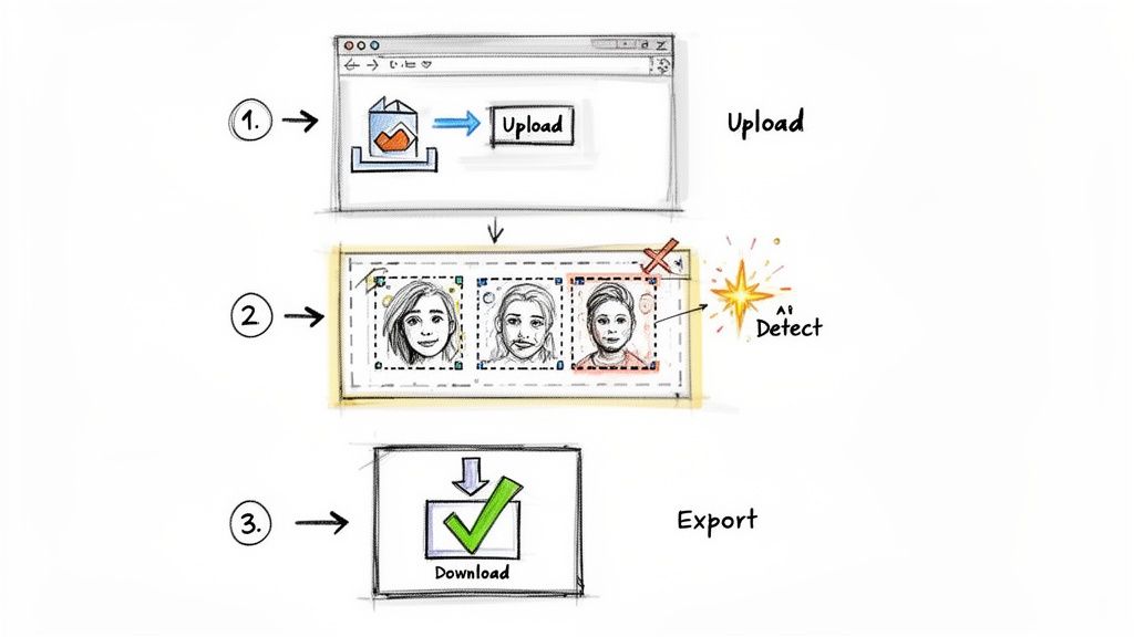 Workflow IA en trois étapes : import, détection, export vidéo floutée