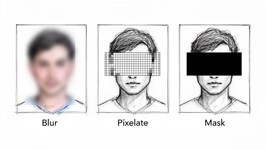 Comparaison des techniques : flou, pixellisation et masque opaque pour la confidentialité