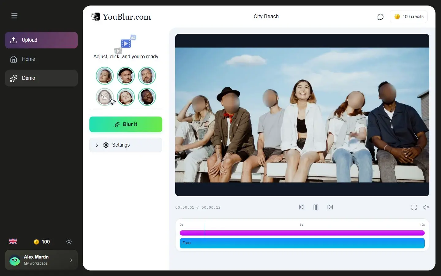 YouBlur Studio with detected face thumbnails and a masked group video